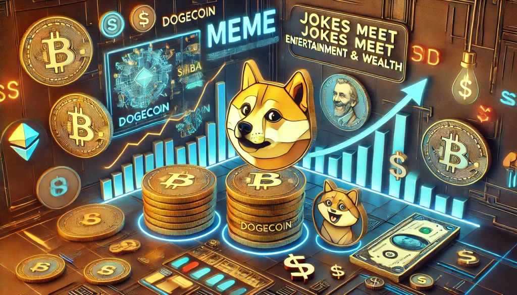 Meme coin with a playful face alongside graphs showing success and failure.