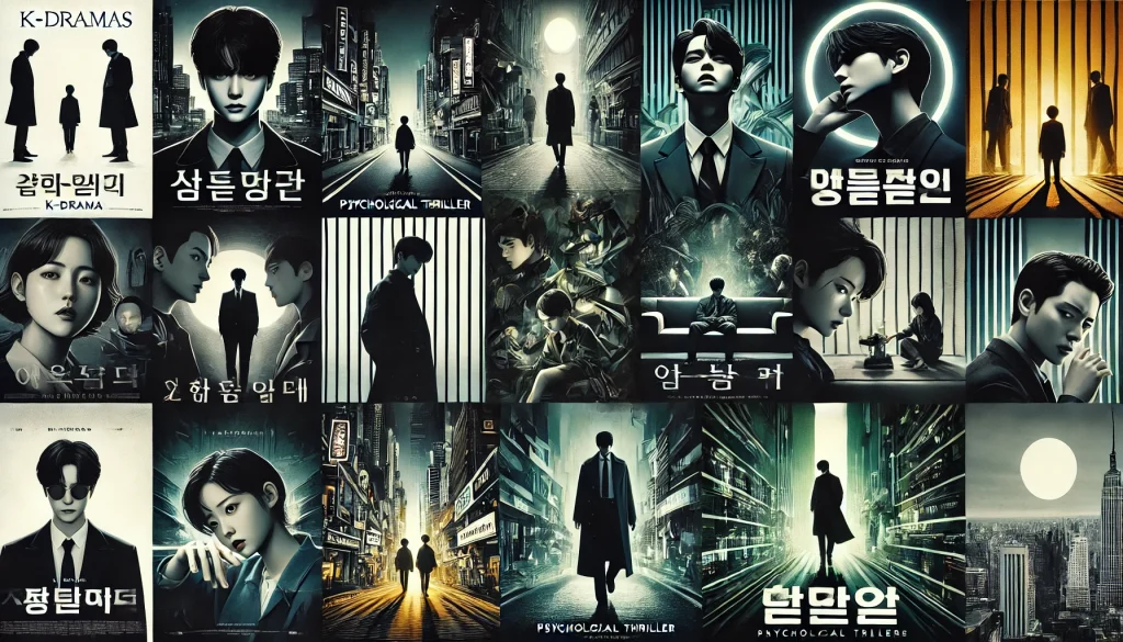 Collage of dark-themed K-drama posters, highlighting suspenseful and psychological thriller genres.