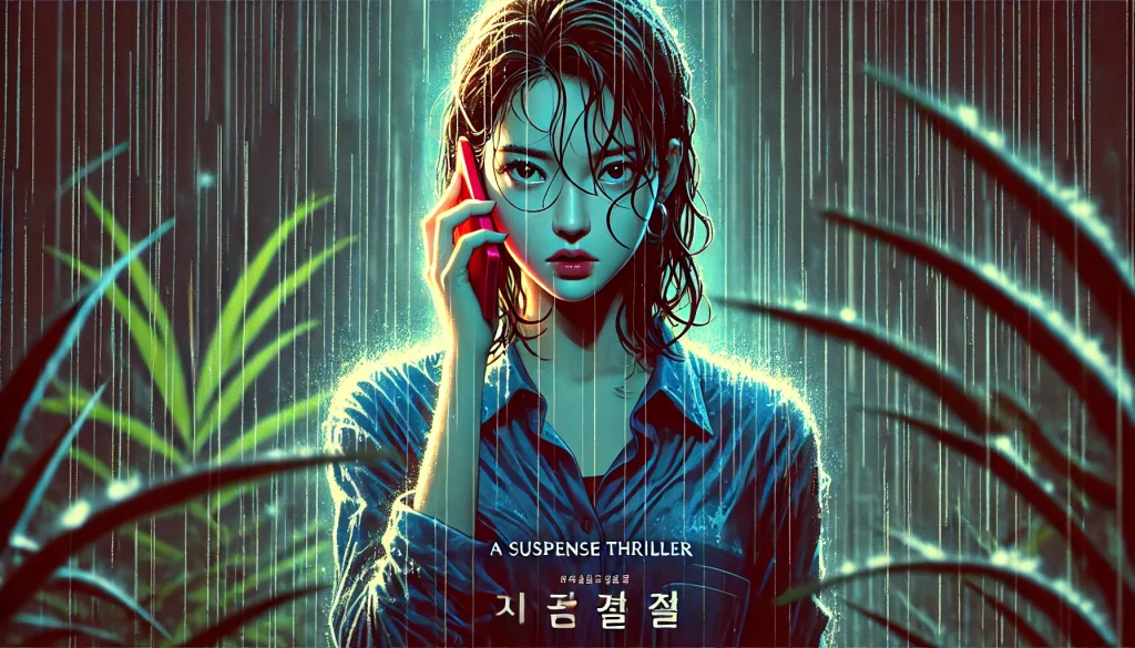 Animated poster of a woman in the rain with a red phone, evoking suspense and tension.