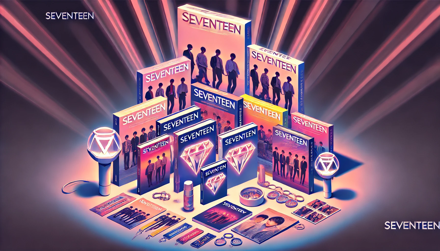 Seventeen albums and merchandise displayed together, showcasing fandom collection items.