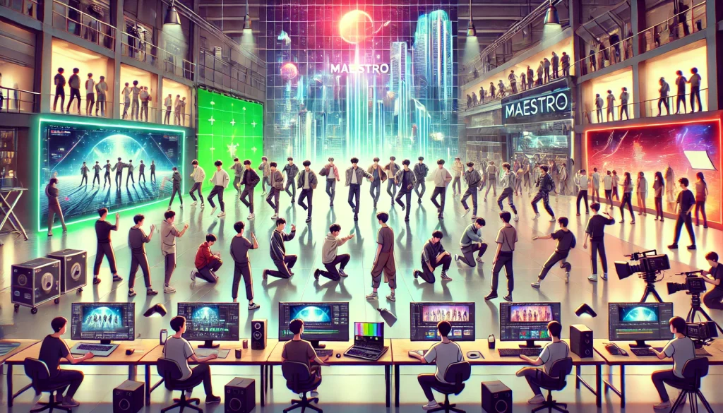 Behind-the-scenes filming of a K-pop music video with group rehearsing choreography in a high-tech studio.