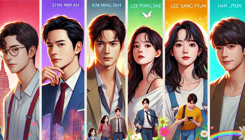 Collage of animated characters in a K-drama, each in different poses, reflecting their dynamic roles.