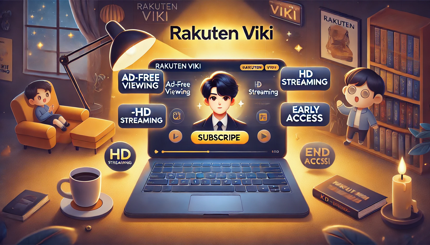 Person subscribing to Rakuten Viki on a laptop for ad-free viewing, HD streaming, and early access to K-drama content.