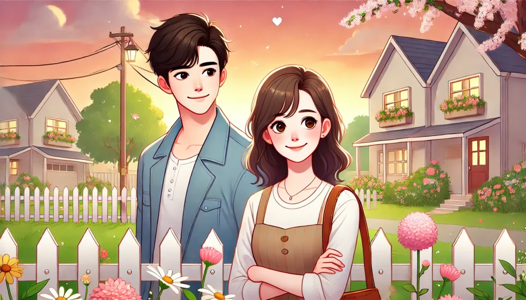 Animated K-drama poster "Love Next Door" couple sunset flowers