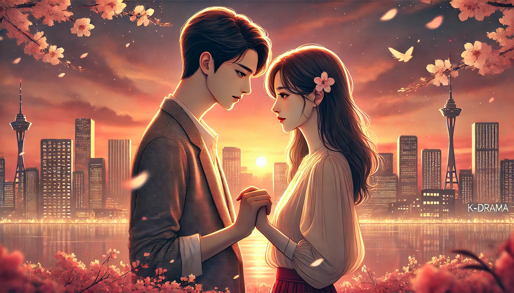 Romantic K-drama poster couple cherry blossoms sunset cityscape warmth