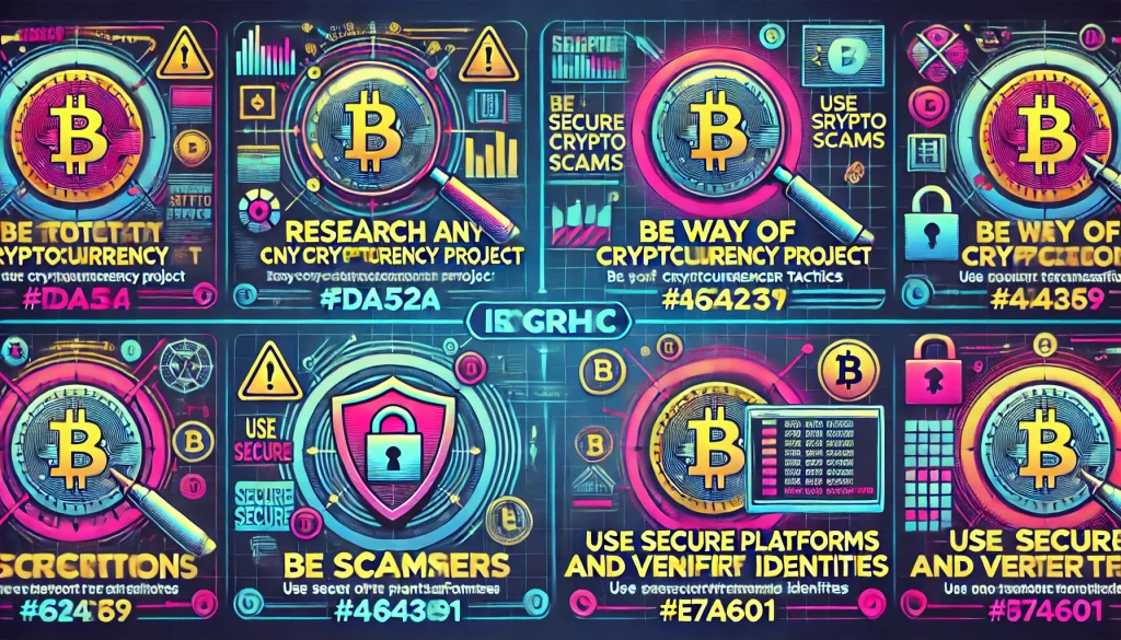 Cyberpunk pop-style infographic on avoiding crypto scams: research, beware, secure platforms.