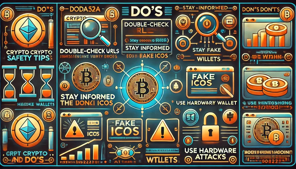 Cyberpunk infographic on crypto safety, icons for URL check, hardware wallets, scam warnings.