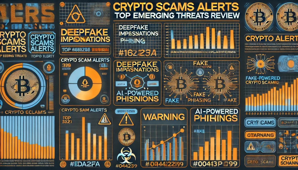 Cyberpunk infographic crypto scam threats deepfake AI phishing fake DeFi