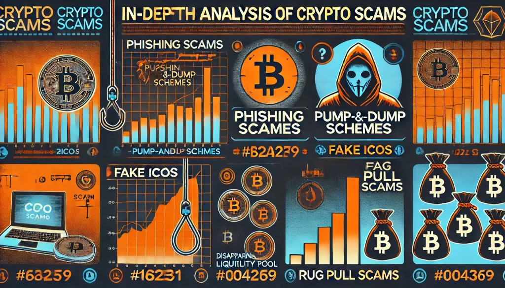 Cyberpunk infographic crypto scams phishing pump-and-dump fake ICO rug pull