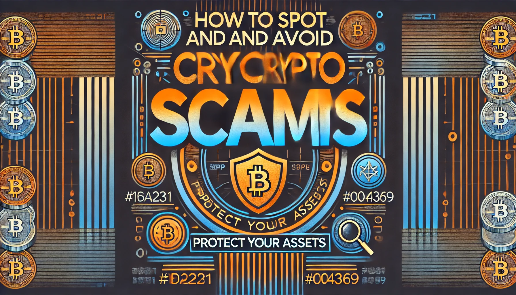 Minimalistic cyberpunk-style poster with the title "How to Spot and Avoid Crypto Scams: Protect Your Assets," featuring digital shield and magnifying glass icons, with a sleek dark gradient background.