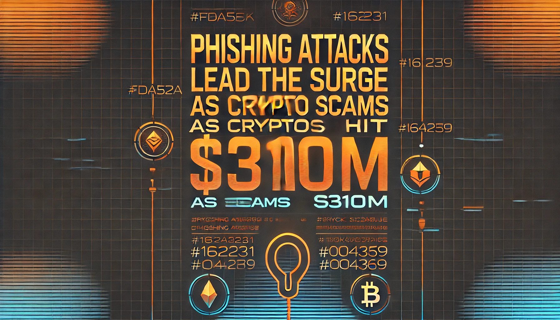 Minimalistic cyberpunk-style poster with the title "Phishing Attacks Lead the Surge as Crypto Scams Hit $310M," featuring a digital phishing hook and cryptocurrency symbols on a sleek dark gradient background.