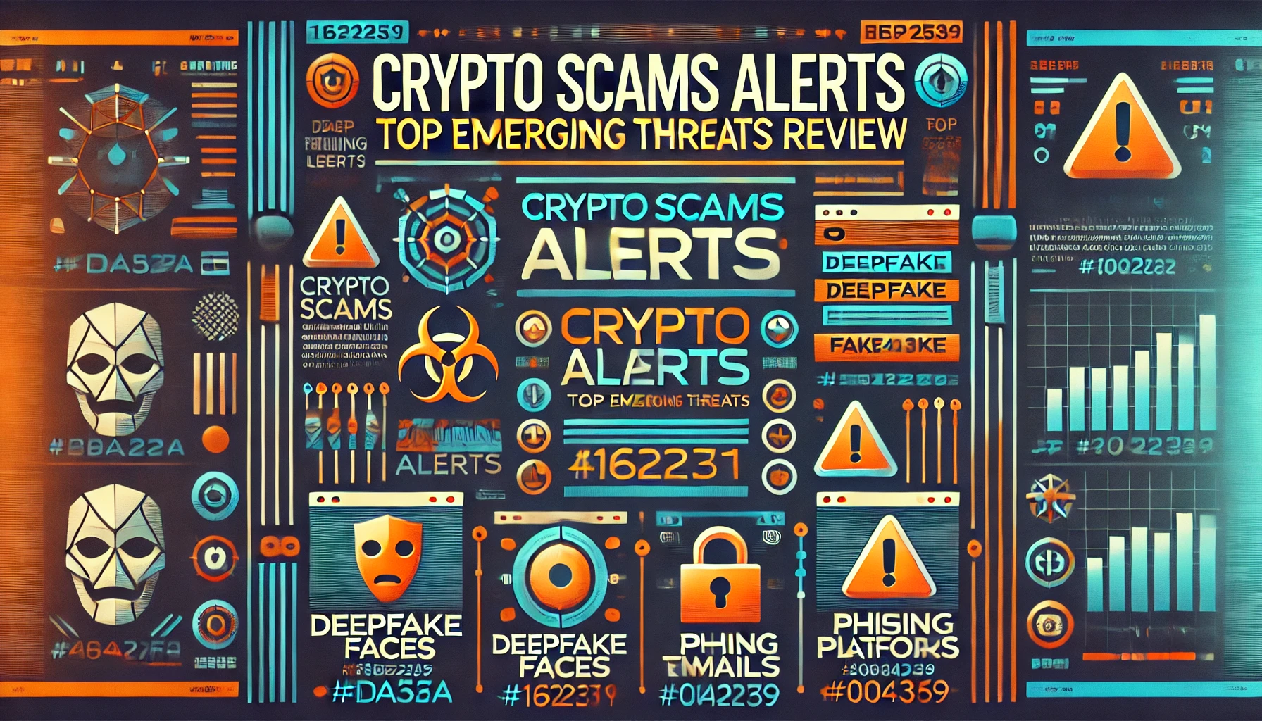 Minimalistic cyberpunk-style poster with the title "Crypto Scams Alerts: Top Emerging Threats Review," featuring icons for deepfake threats, AI phishing, and fake DeFi platforms on a dark gradient background with digital grid patterns.