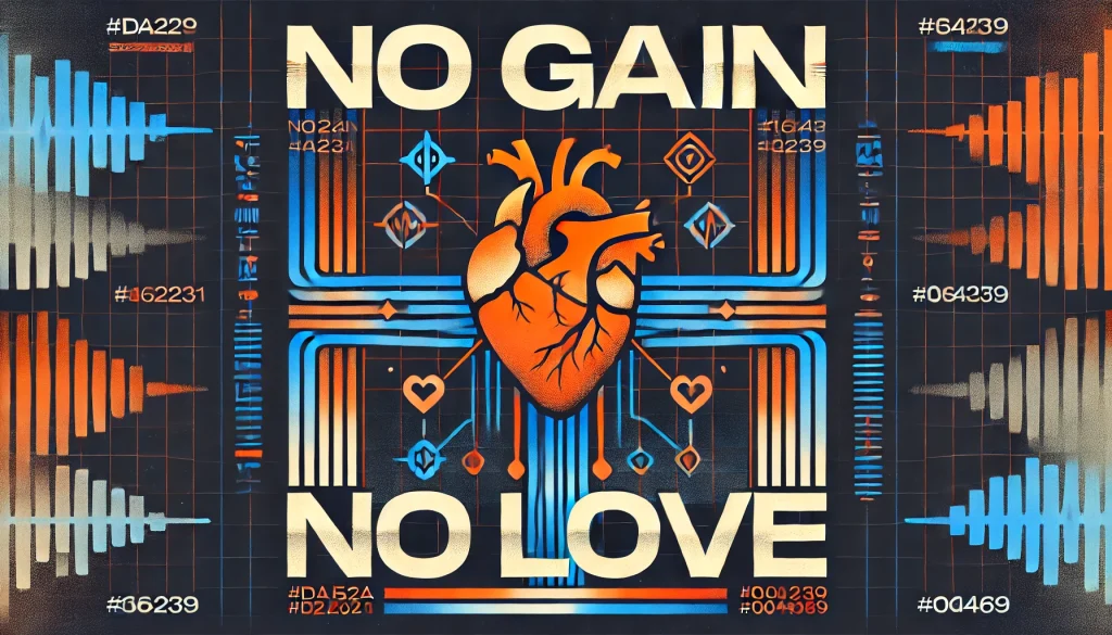 Cyberpunk poster: "No Gain No Love" with geometric heart design.