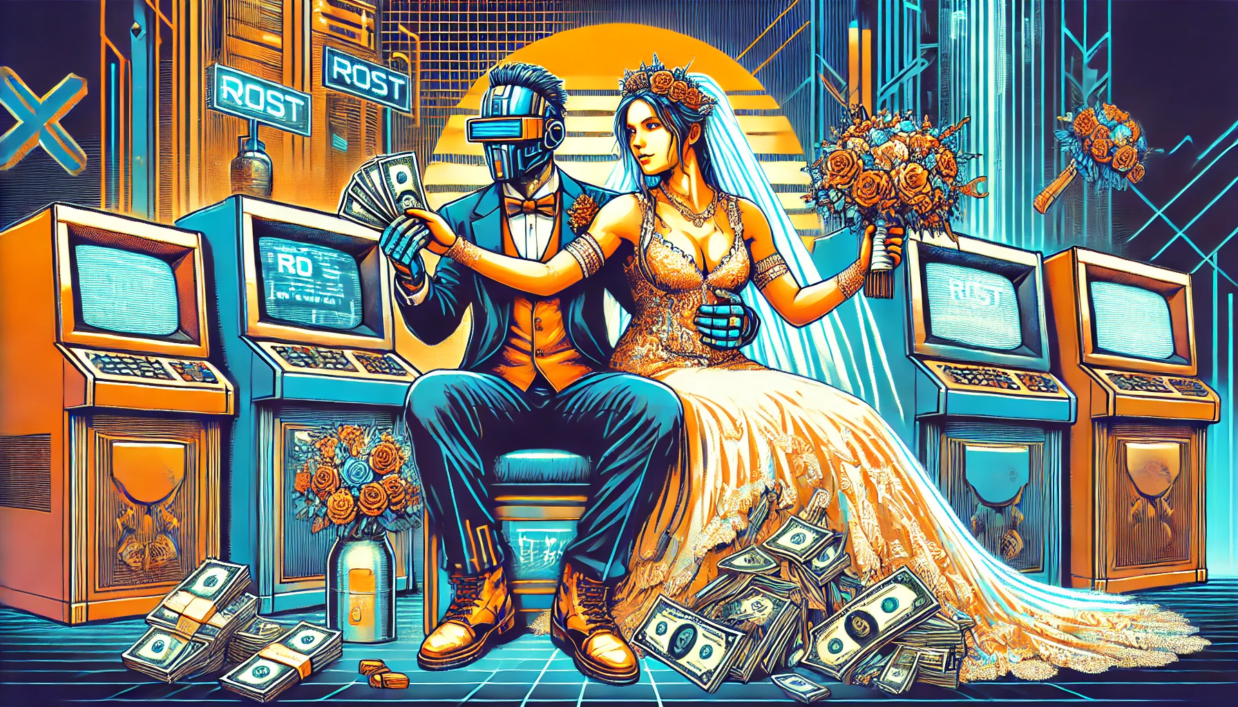 Cyberpunk-style illustration of a bride and groom holding money, sitting with a bouquet in a futuristic cityscape with digital grids and neon accents.