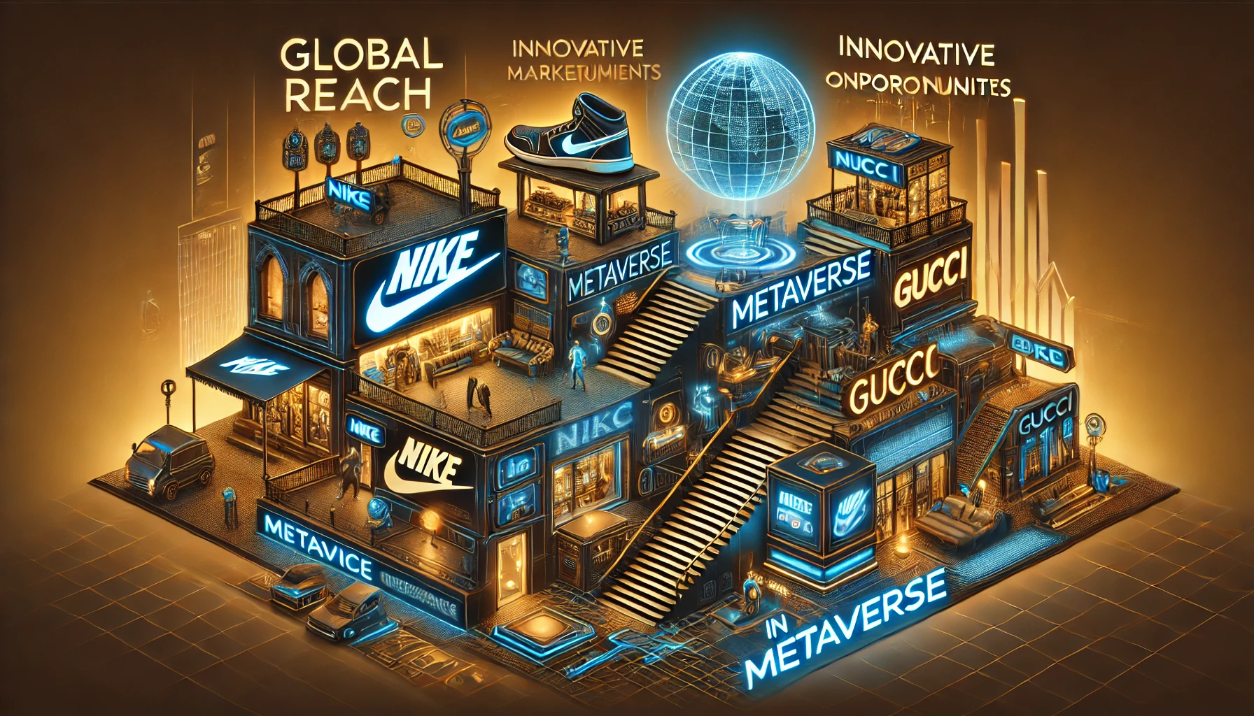 Illustration of branding in the metaverse, highlighting companies like Nike and Gucci using immersive virtual environments to engage consumers. It showcases the benefits of global reach and innovative marketing opportunities, alongside challenges such as high costs and technical limitations in virtual branding.