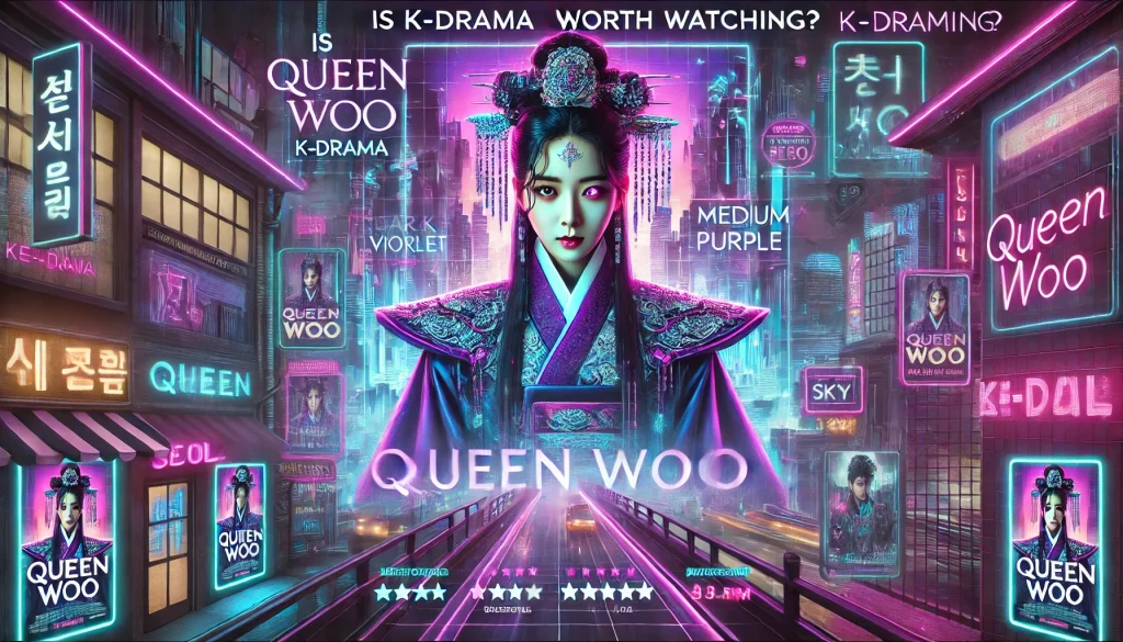 Queen Woo K-drama poster with neon city lights and ratings.