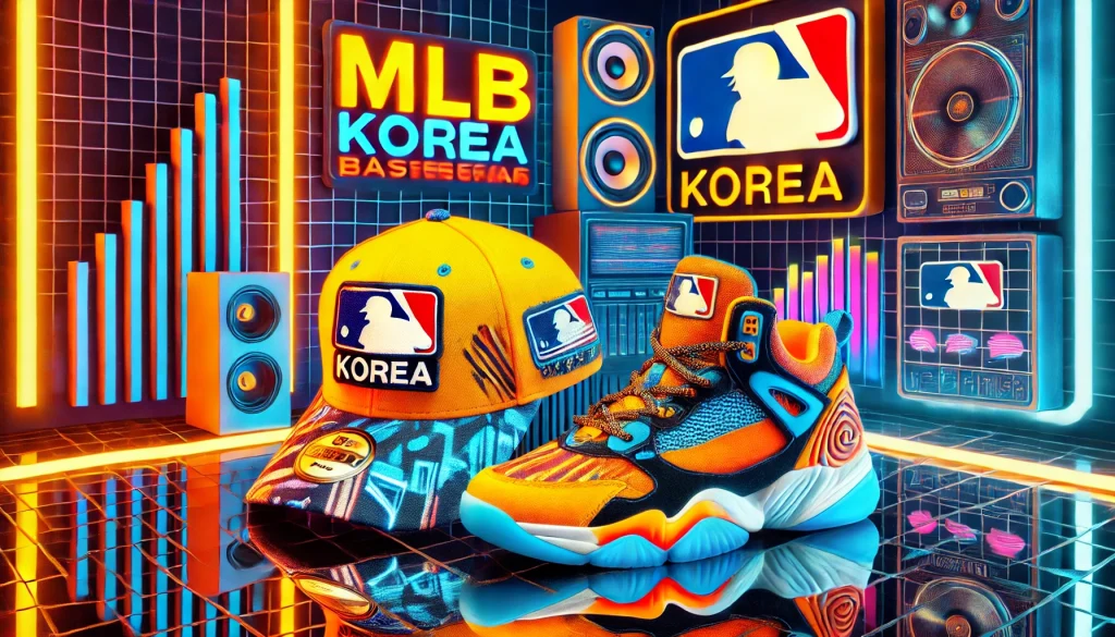 MLB Korea baseball cap and sneakers showcasing bold logos, vibrant colors, and intricate streetwear design.