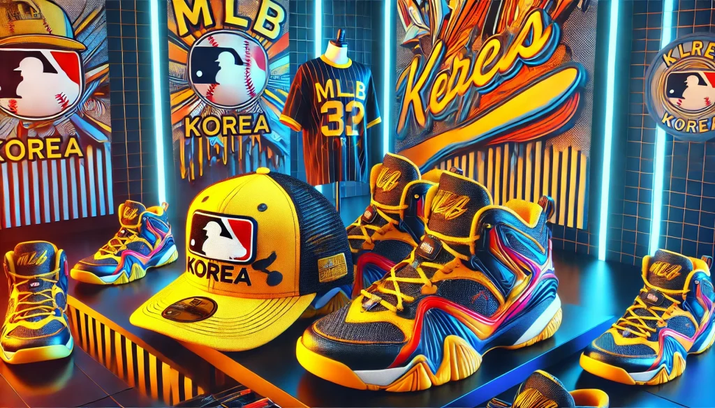 MLB Korea baseball cap and sneakers showcasing bold logos, vibrant colors, and intricate streetwear design.