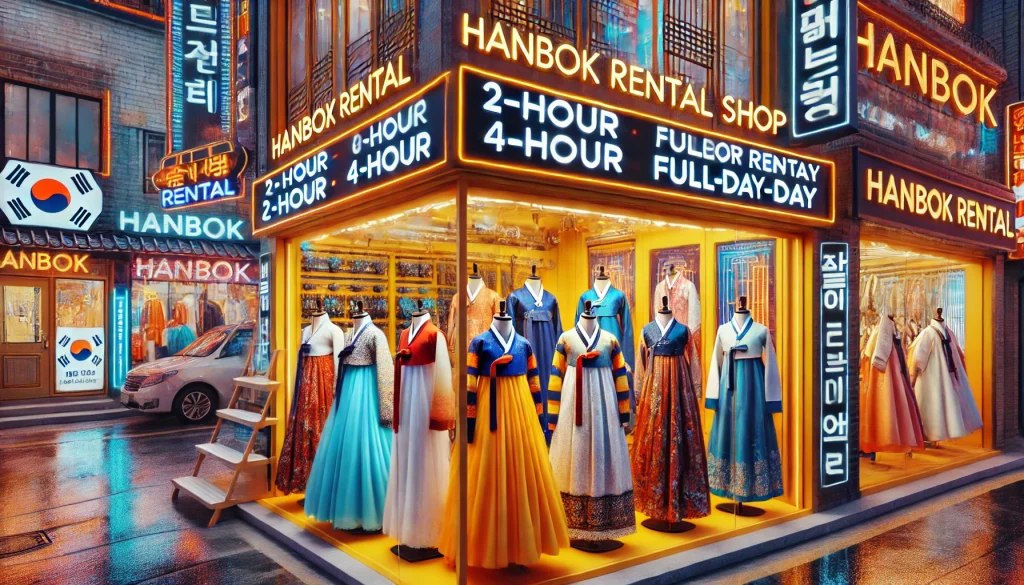 Hanbok rental shop with options for 2-hour, 4-hour, and full-day Hanbok rentals.