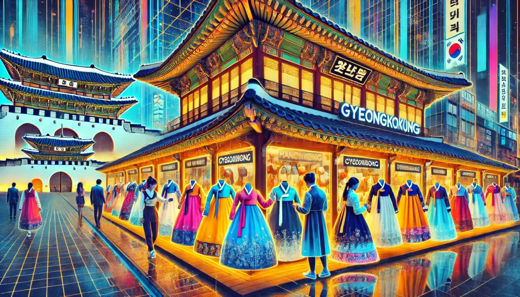 Tourists exploring Hanbok rental shops near Gyeongbokgung Palace in Seoul.