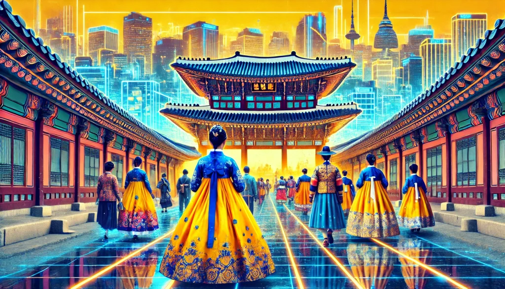  Tourists in Seoul wearing Hanbok while visiting traditional Korean palaces.