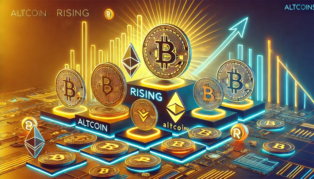 Rising altcoins visual with cryptocurrency symbols and sleek futuristic design elements.