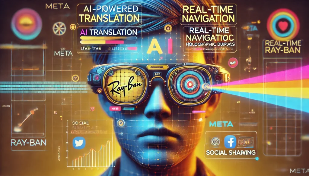 Meta’s AR glasses with AI translation, real-time navigation, holographic displays, social sharing, and stylish Ray-Ban design.