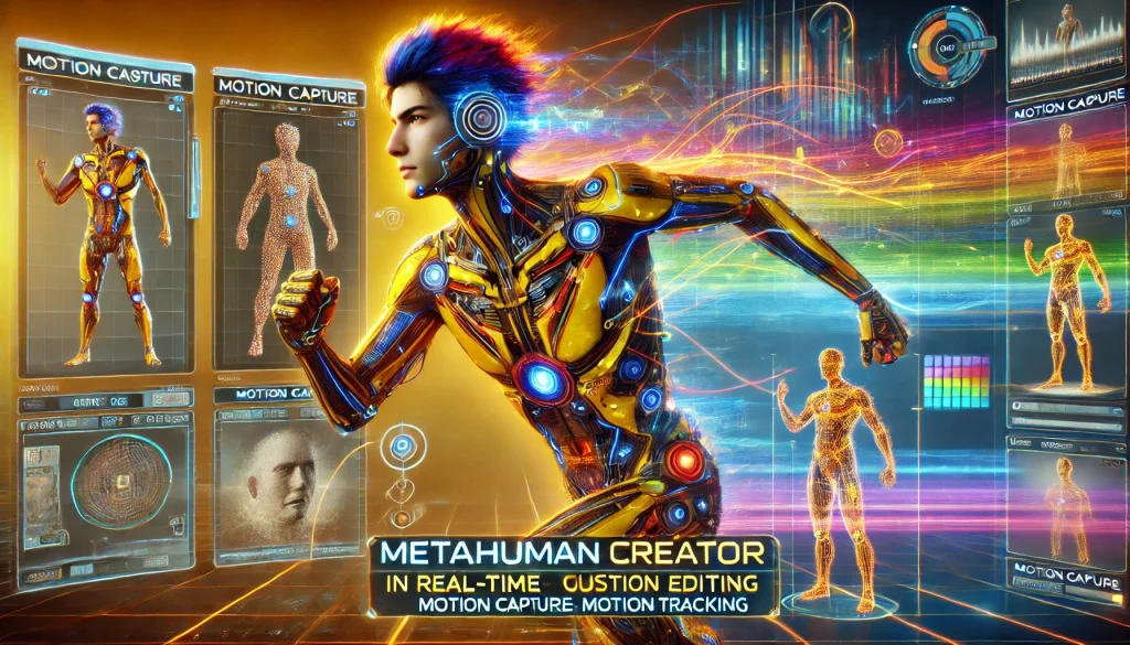 MetaHuman creator real-time editing, customizable models, detailed hair and skin, motion capture integration.