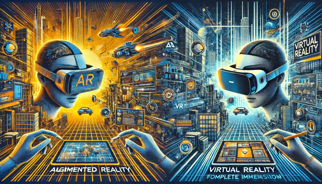 Augmented reality enhances real-world environments with digital overlays, while virtual reality fully immerses users in a simulated digital environment.