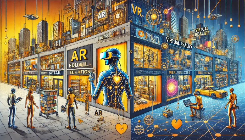 Augmented reality is used in retail, education, and healthcare, while virtual reality is common in gaming, simulations, and virtual training.