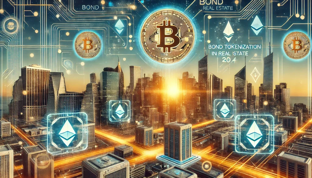 City skyline with digital tokens, blockchain overlay symbolizing 2024 bond tokenization.