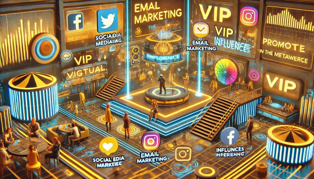 Promoting virtual events in the metaverse through social media, email marketing, and influencers, highlighting interactive spaces and VIP experiences.
