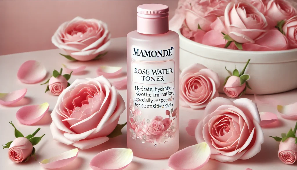 Mamonde Rose Water Toner bottle with a pink design, formulated to hydrate, soothe irritation, and reduce redness, especially for sensitive skin.