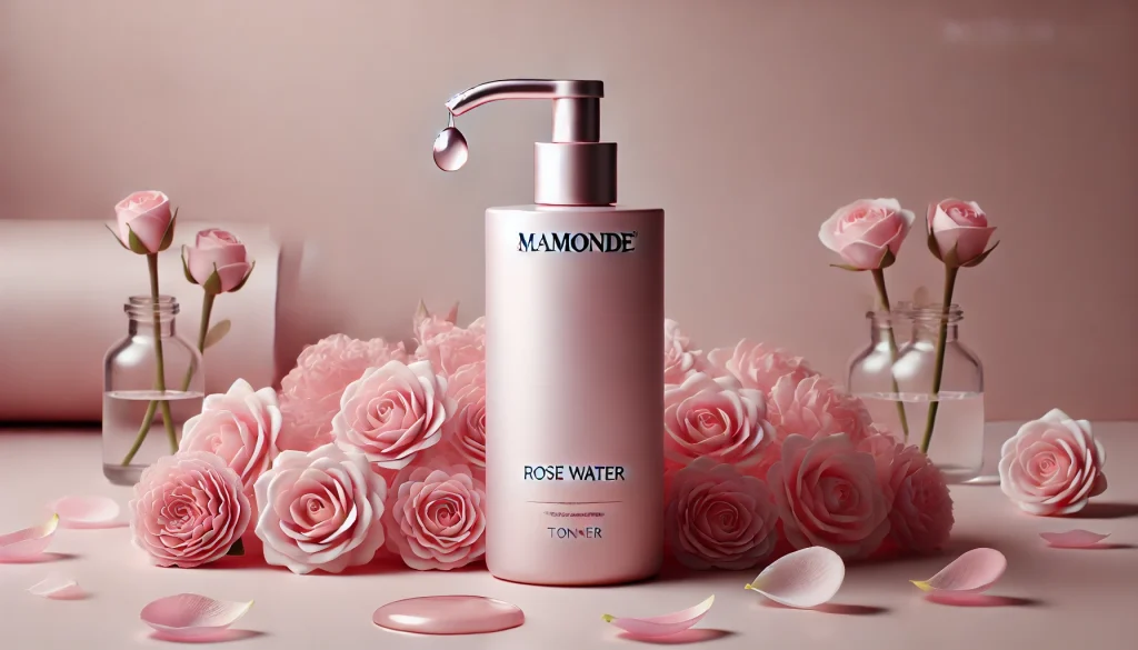 A sleek pink bottle of Mamonde Rose Water Toner with a minimalist design and a dispenser for controlled use.