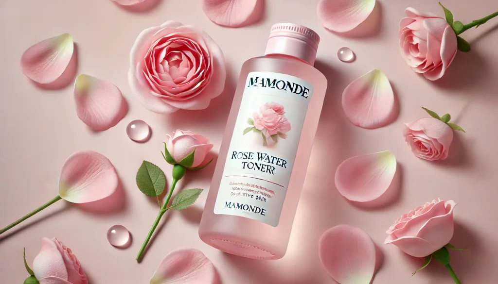 Mamonde Rose Water Toner bottle with lightweight, hydrating formula designed to soothe and balance sensitive skin.