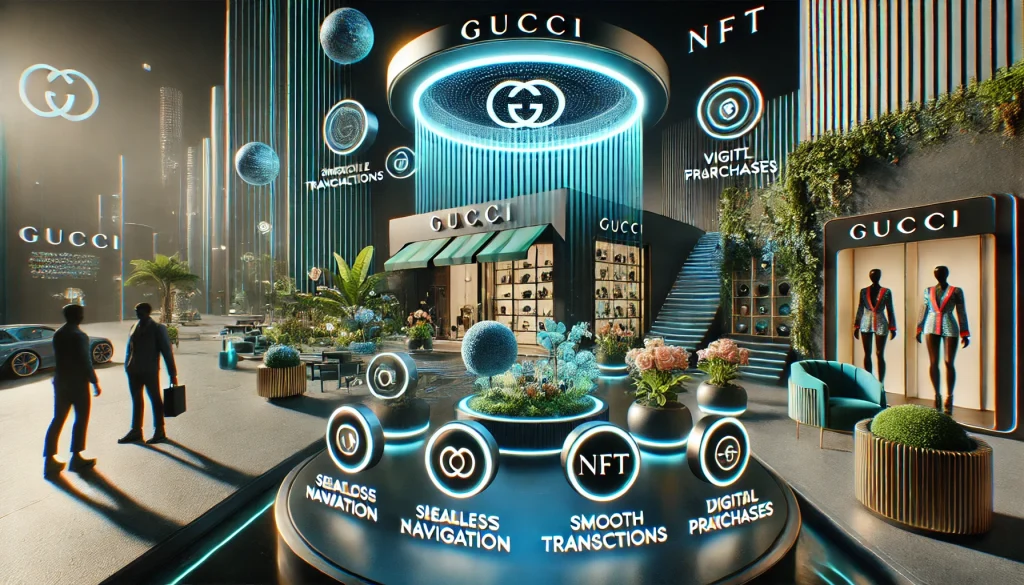 Gucci's digital garden in the metaverse, highlighting seamless navigation, smooth transactions, and NFT purchases.