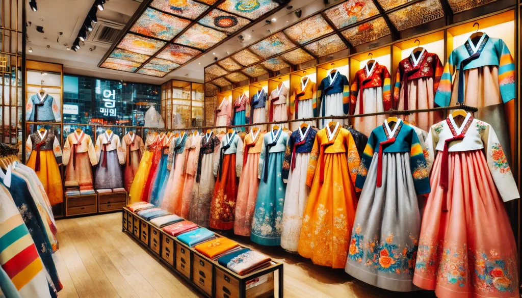 Display of different traditional and modern Hanbok styles in a rental shop in Seoul.