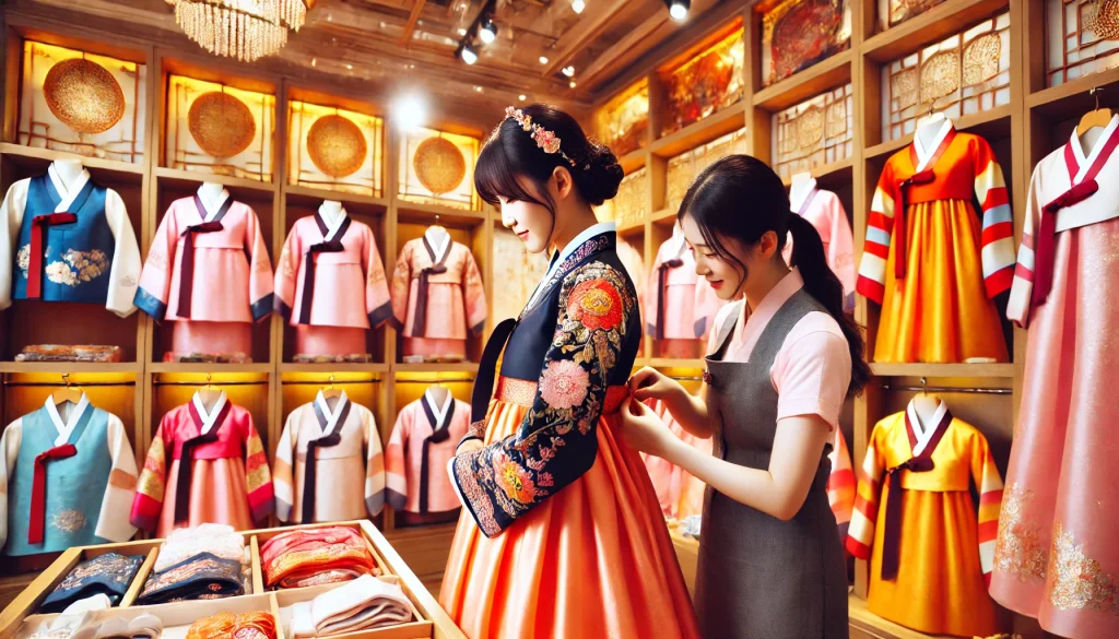 Staff helping a customer put on a traditional Hanbok with accessories in a rental shop.