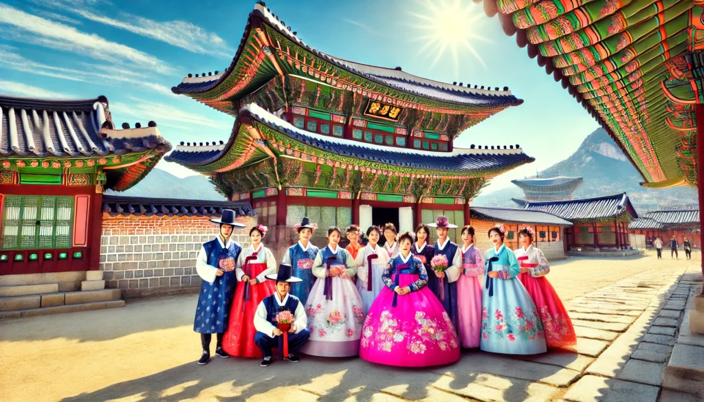 Tourists wearing Hanbok while visiting Gyeongbokgung Palace and Bukchon Hanok Village.