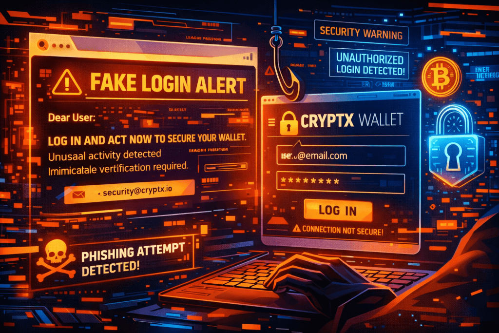 Phishing email targeting crypto wallet user, fake login screen, tense digital security mood