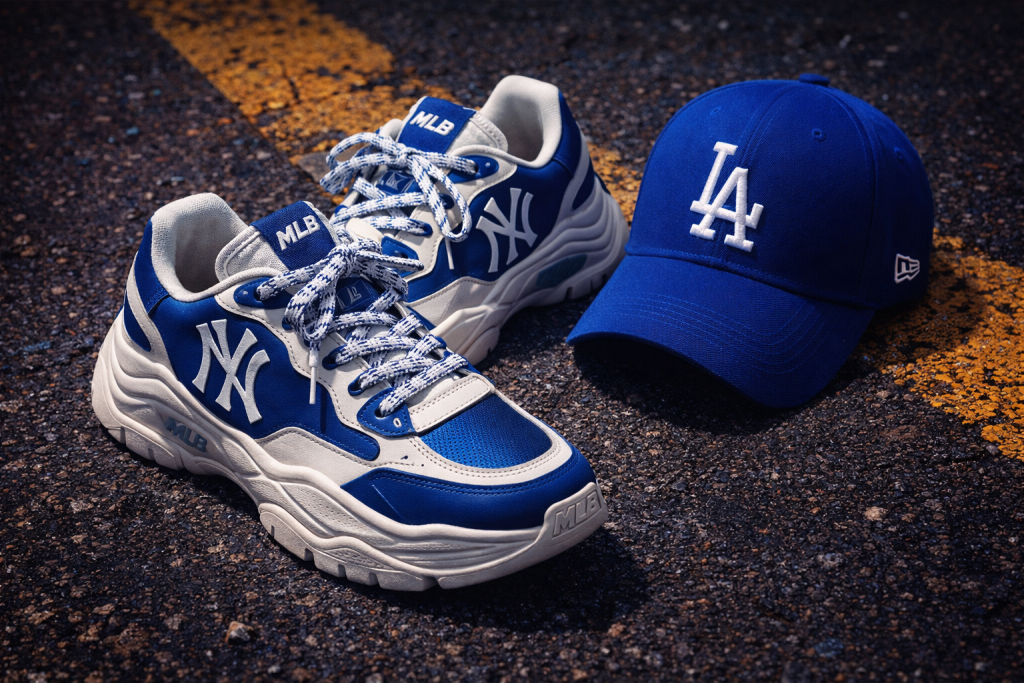 MLB Korea chunky sneakers and cap arranged artistically, highlighting premium sporty streetwear design