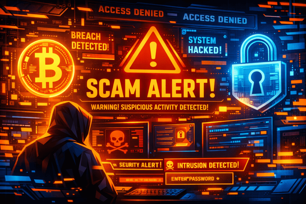 Cybersecurity warning scene with glowing crypto symbols, dark interface, urgent scam alert atmosphere