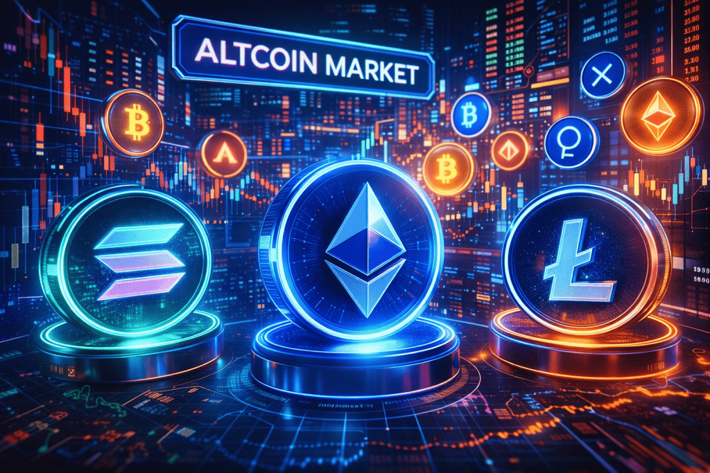 Futuristic altcoin market scene with glowing crypto symbols, charts, and bold investment energy