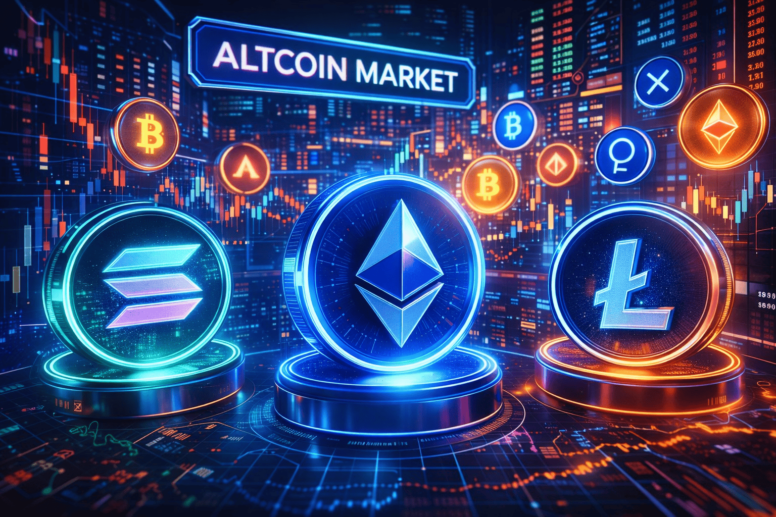 Futuristic altcoin market scene with glowing crypto symbols, charts, and bold investment energy