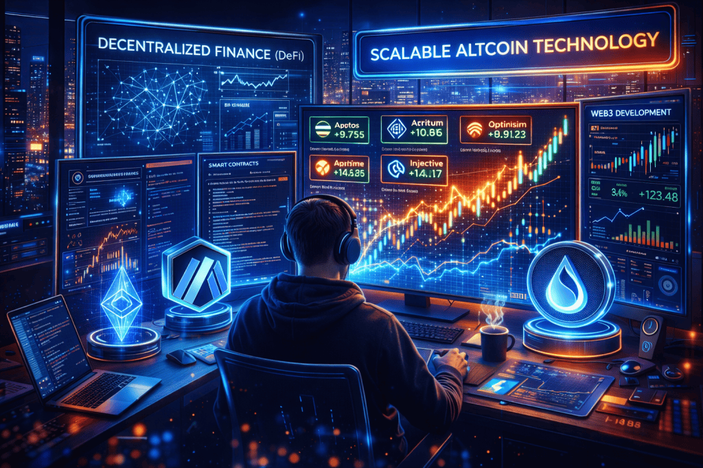 Blockchain developer workspace illustrating scalable altcoin technology, DeFi innovation, and modern digital finance