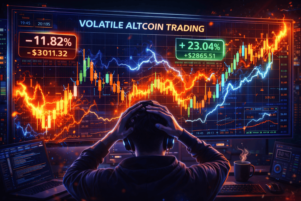 Volatile altcoin trading chart with sharp gains, sudden dips, and dramatic investor tension