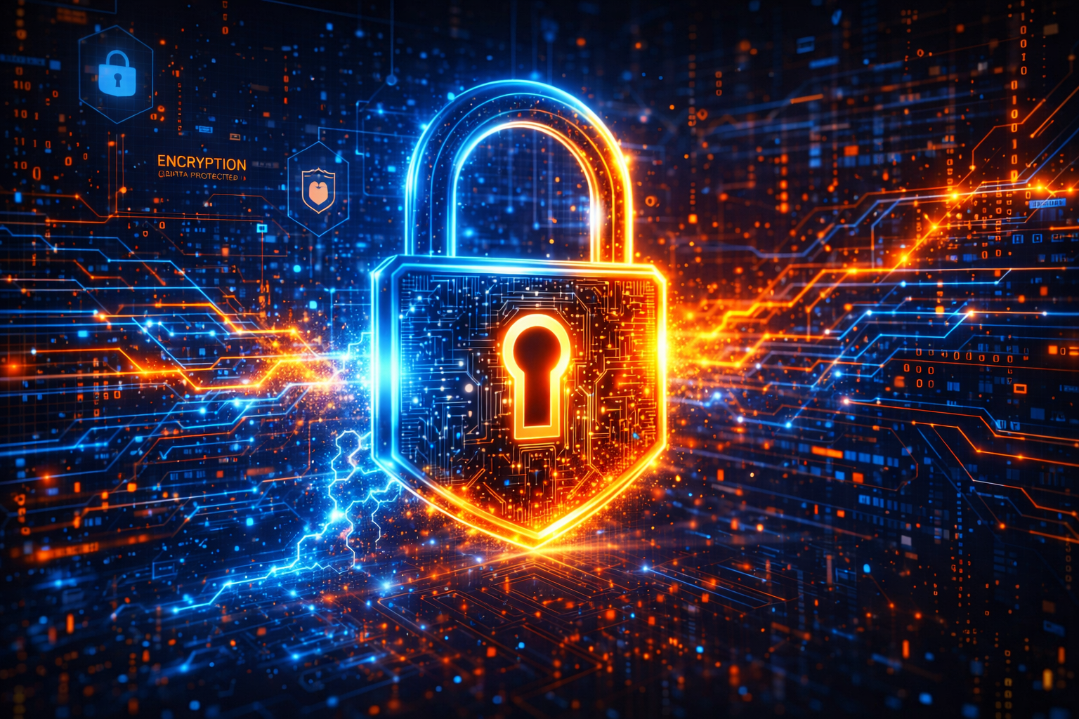 Glowing digital lock over encrypted data streams, futuristic privacy cryptography cybersecurity atmosphere