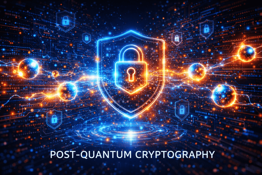 Post-quantum cryptography concept with quantum particles, shield icons, and futuristic data security