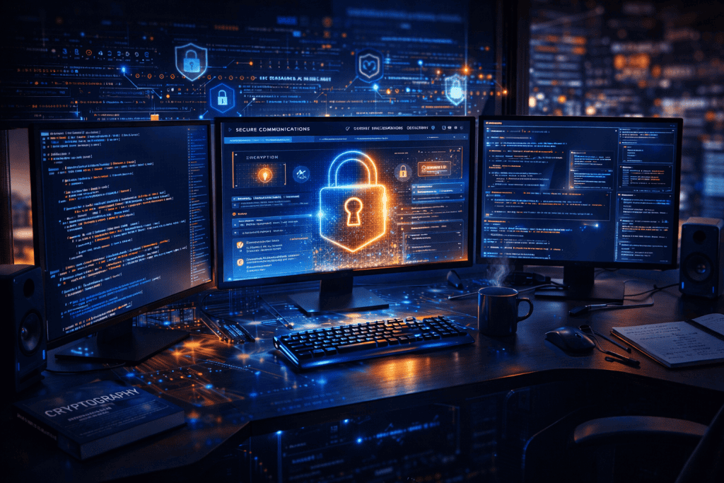 Developer workspace using cryptography tools, secure communications dashboard, and privacy-focused coding environment
