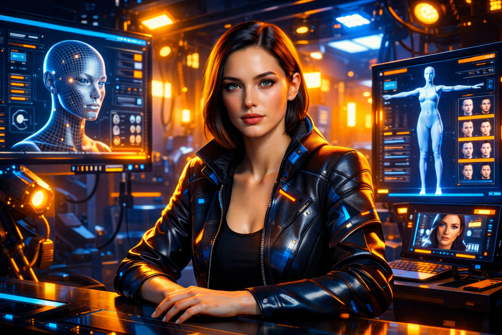 Hyper-realistic digital human in futuristic studio, cinematic lighting, advanced metahuman creation atmosphere